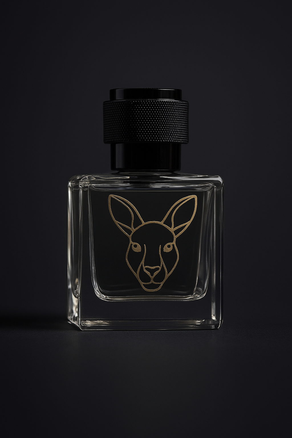 Glass perfume bottle with black cap on a black background